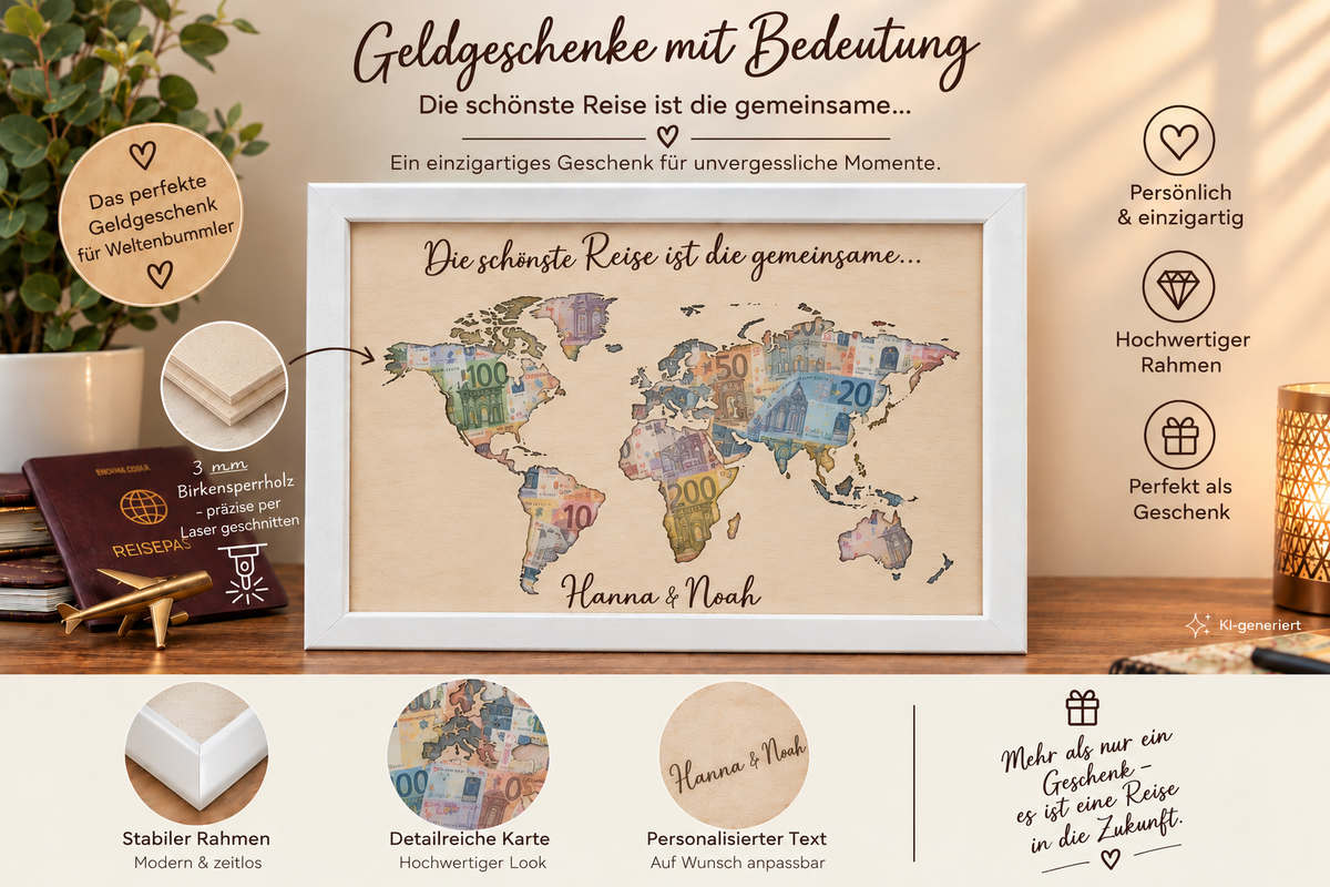 Weltkarte als Geldgeschenk personalisiert