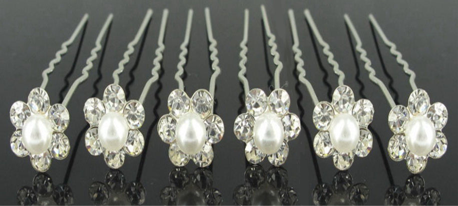 6 Haarnadeln "Perle Strassblume"