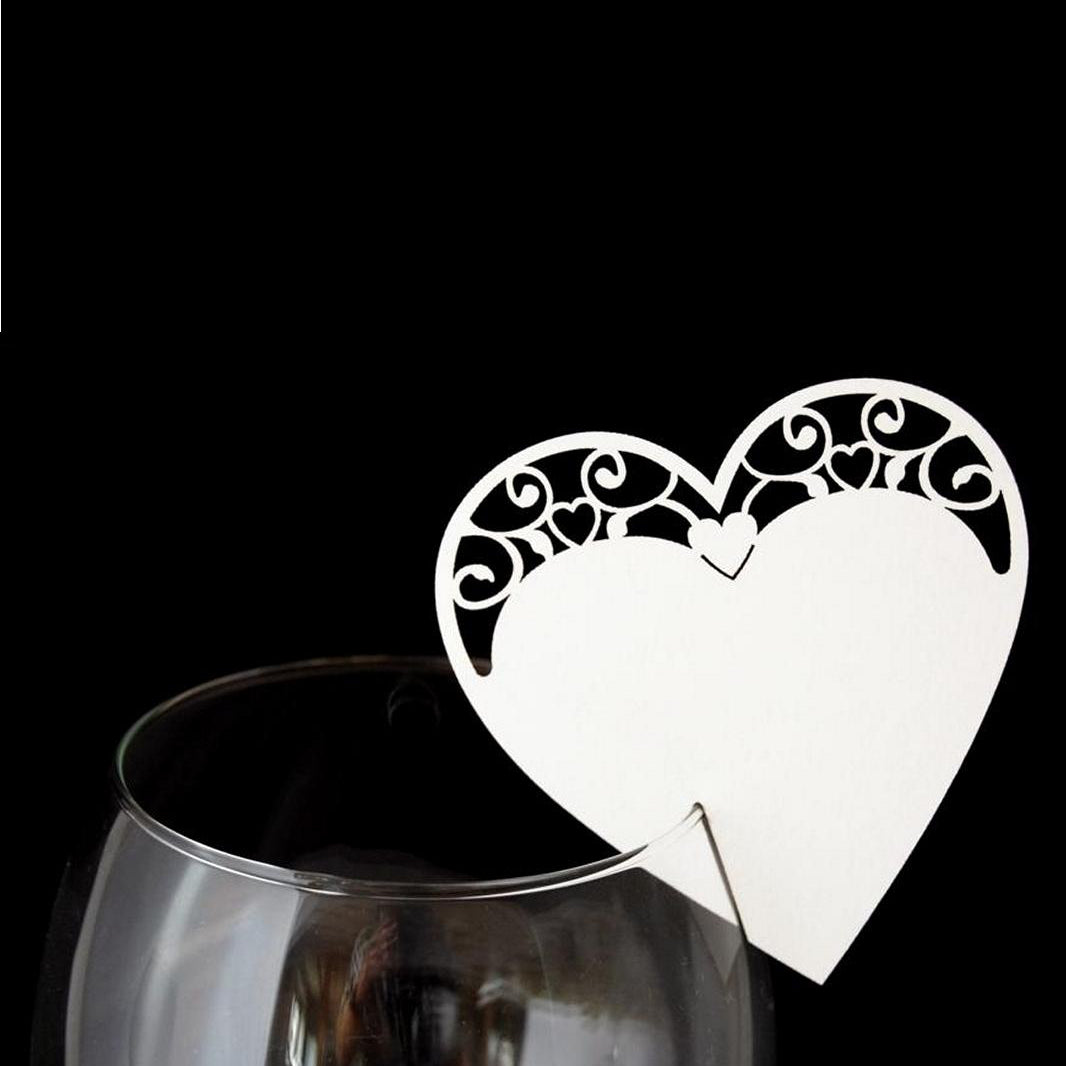 10 Platzkarten "Heart" ans Glas in Weiß