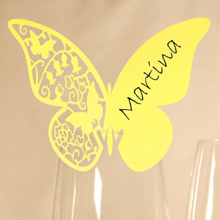 10 Platzkarten "Schmetterling" ans Glas in Grün-Gelb