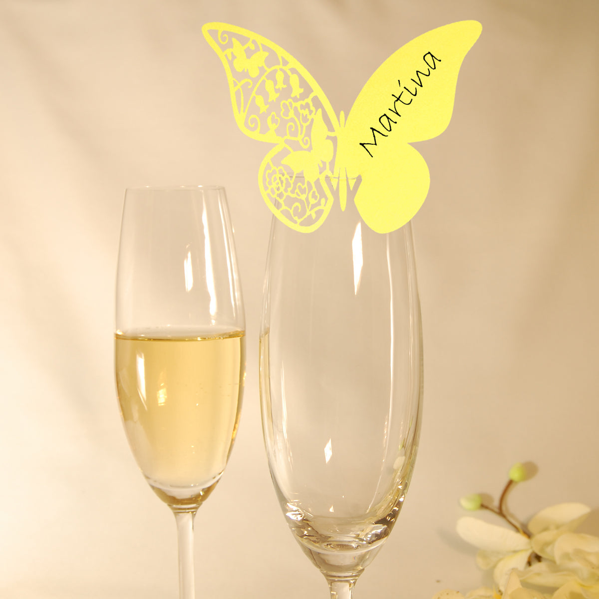 10 Platzkarten "Schmetterling" ans Glas in Grün-Gelb