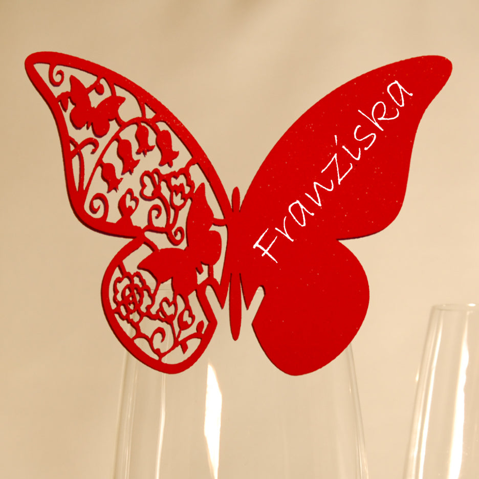 10 Platzkarten "Schmetterling" ans Glas in Rot
