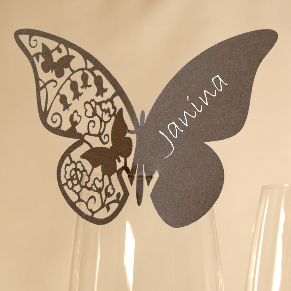 10 Platzkarten "Schmetterling" ans Glas in Silber dunkel