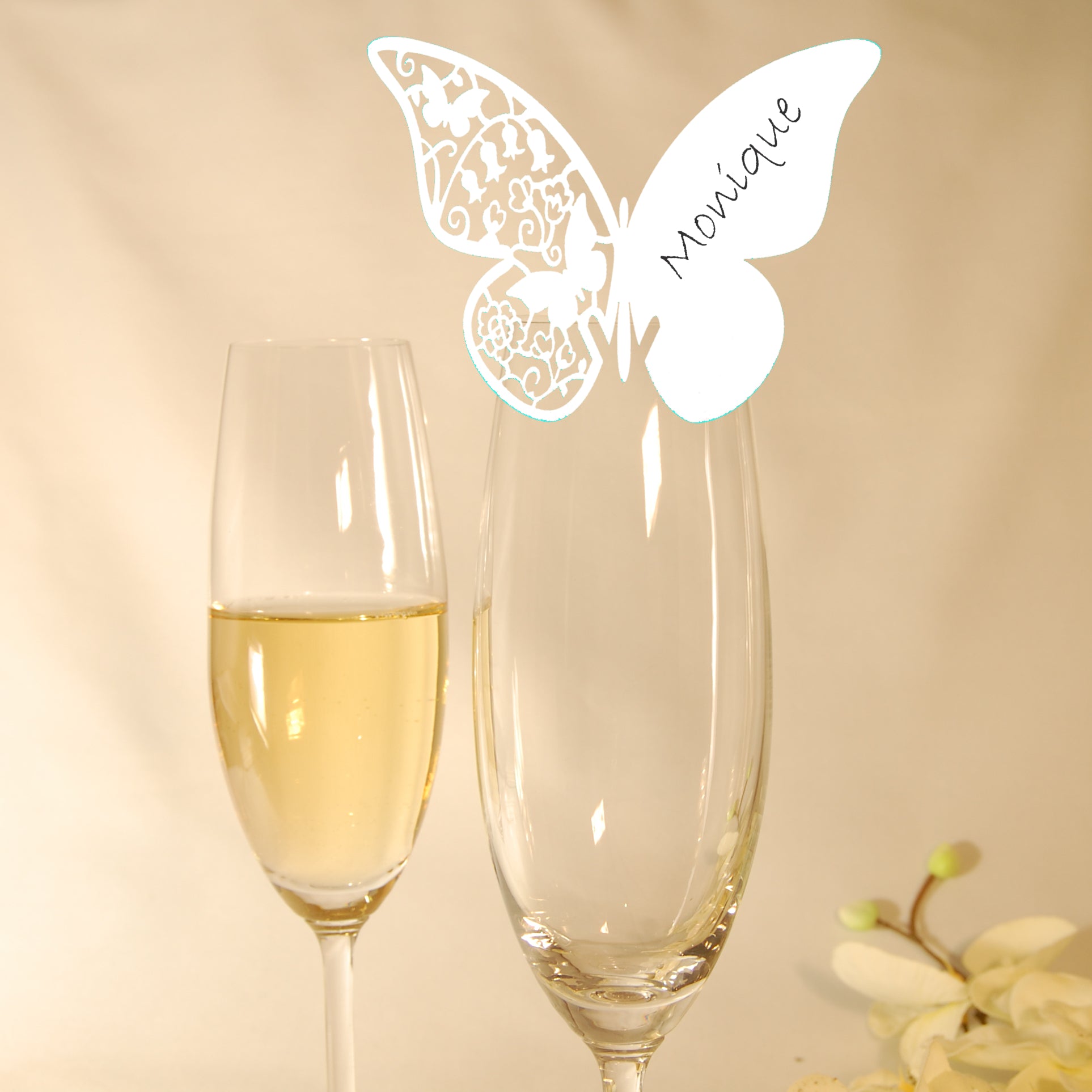 10 Platzkarten "Schmetterling" ans Glas in Weiß