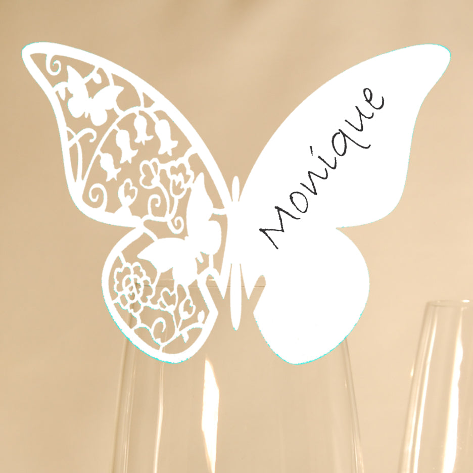 10 Platzkarten "Schmetterling" ans Glas in Weiß