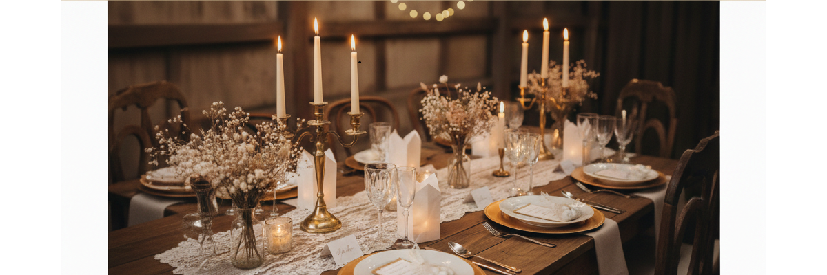 Festliche Tischdekoration Hochzeit in Gold und Weiß